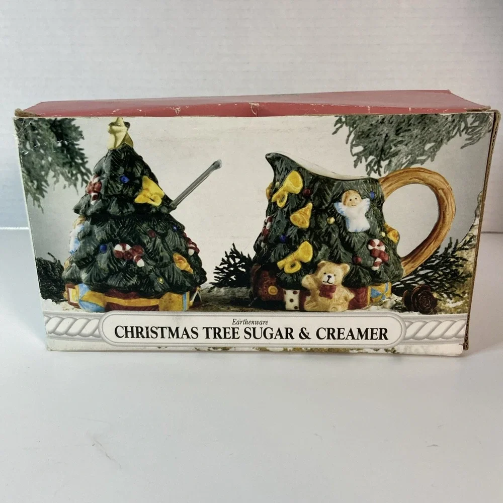 Vtg Earthenware Christmas Tree Sugar & Creamer Set w/Original Box Kitchen Decor